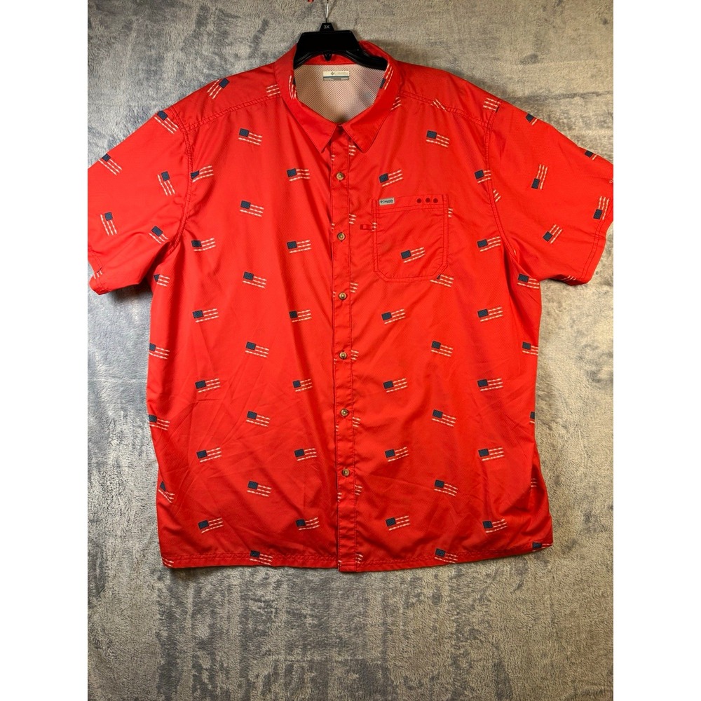 Columbia PFG Shirt Mens 4X Super Slack Tide American Flag Print Red Camp 3333–0